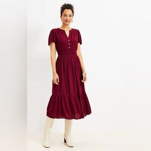 Petite Clip Smocked Waist Button Midi Dress